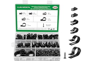 LUKAISEN 300 Stück R-Typ Kabelschellen, Nylon R Clips, Drahtklemmen, 4.7mm/6.3mm/9.5mm/12.7mm/19mm/25.4mm Kabelklemmen, Kunststoff Kabel Klemmen für Büro Zuhause Draht Kabelführung Kabelbefestigung Schwarz