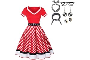 maxToonrain Women's 50s Fancy Dress Polka Dots 1950s Vintage Costumes with Accessories Scarf Headbands Earrings Glasses(7 PCS)
