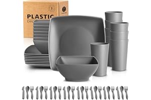 Teivio 24-Piece Square Plastic Plates Bowls and Cup Set with Cutlery, Kitchen Dinner Set Service for 8, Dinner Plate/Bowl/20 oz Cup/Knife/Fork/Spoon, Unbreakable Outdoor Camping Dishes, Gray