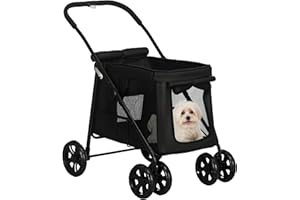 PawHut Hundewagen, faltbarer Hundebuggy, Hundetrolley mit Kissen, Katzenbuggy bis 20 kg, Katzenwagen für kleine und mittelgroße Hunde mit Seitentaschen, Netzfenster, Oxford-Gewebe, Schwarz