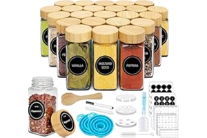 shirylzee 24 Piezas Botes Especias Cristal 120ml Botes para Especias Tarros Especias Cuadrados Frascos con Tamiz, Etiquetas, Embudo,Cepillo Limpieza para Organizador Especias, Especieros para Cocina