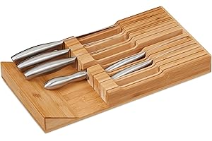 Relaxdays Range-ustensiles pour tiroir, 12 Couteaux & aiguisoir, Rangement en Bambou, HxLxP: env. 5 x 43 x 23 cm, Nature