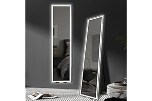WITFAMILY LED Full Length Mirror 160x40cm Free Standing, Full Size Body Mirror with Dimming & 3 Color Lighting,Wall Mounted Hanging Mirror for Living Room or Bedroom, Rectangle (Black Frame)