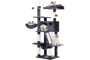 Hey-brother Cat Tree, 135 cm wieża dla kotów domowych, domek dla kota z wyściełanym legowiskiem, piłeczkami, dużym przytulnym mieszkaniem, hamakami i sizalowymi drapakami, dymny szary EMPJ019-SG