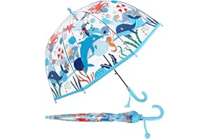 Regenschirm Kinderschirm Stockschirm, Windsicher Robustheit Regen Regenschirm Transparent, Kinderregenschirm Durchsichtig Junge Mädchen, Kuppel-Blasenschirm Durchmesser=70cm Unterwasserwelt