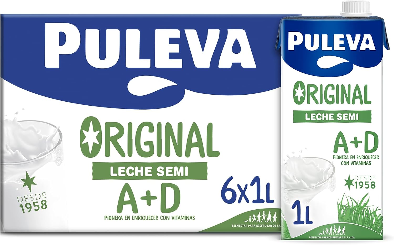 Puleva Original - Leche Semidesnatada con Vitaminas A y D - Sin Azúcar Añadido y Sin Gluten - Brik UHT Pack 6 x 1L