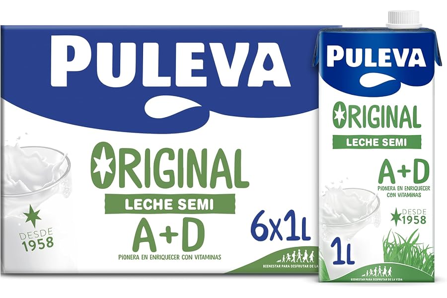 Puleva Original - Leche Semidesnatada con Vitaminas A y D - Sin Azúcar Añadido y Sin Gluten - Brik UHT Pack 6 x 1L
