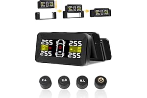 JANSITE 【Newest】TPMS Tyre Pressure Monitoring System Wireless Solar Large Display Tyre Pressure Monitor 21-87Psi Tire Pressure Auto Alarm System with 4 External Sensors Universial