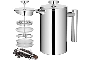 MeelioCafe French Press 600 ml (3 Tazze) Caffettiera francese in acciaio inox Caffettiera stantuffo Coffee Maker pressofiltro con filtri di ricambio Mantiene caldo il caffe