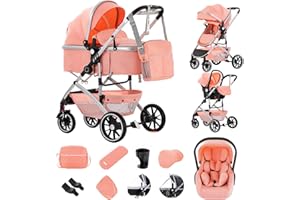 Zkiprm 3-in-1 Combination Pram Travel Systems with Baby Seat, up to 22 kg, Foldable Buggy, Aluminium Frame, Mosquito Net/Rain Cover, Mum Bag Included, 0-4 Years, Pink
