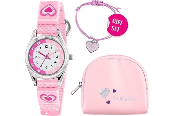 Tikkers flickor rosa kanvas rip rem hjärtklocka, handväska och armbandsset, Rosa, armband