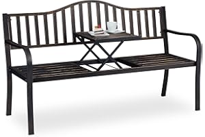 Relaxdays Banco Jardín con Mesa Plegable, 3 Plazas, Estable, Decoración Jardín Exterior, 89x150x58,5 cm, Negro y Bronce