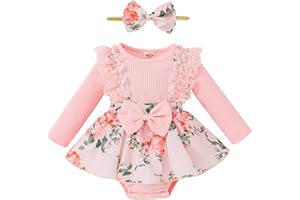 ESSECMBS Pagliaccetto Manica Lunga Neonata Tutina Invernale Bimba con Bowknot Body Elegante Neonata con Maniche Volant in Pizzo Rosa + Fascia per Neonata