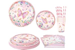 ASSUGO Schmetterlinge Deko pappteller,100pcs geburtstagsdeko mädchen partygeschirr pappteller kindergeburtstag deko, pappteller rosa schmetterling deko Teller Becher Strohhalme Servietten -20 Gäste