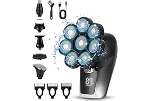 JUTYUM Rasoio Elettrico Barba, 6 in 1 LED Rasoio Testa Calva, con 8 Testine Rotanti, USB Ricaricabile Skull Shaver, Impermeabile IPX6, Wet & Dry, Lavabile, Kit per la cura dei peli di Barba e Naso