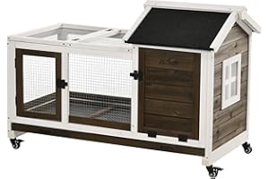 PawHut Conigliera in Legno da Interno ed Esterno con Ruote, Gabbia per Conigli con Casetta e Recinto, Tetto Apribile, Porte e Vassoio Estraibile, 108x58x73.5 cm, Marrone