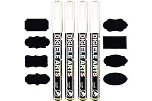 DIGIELE Kreidestift Weiß, 3mm Reversibel Stiftspitze Kreidemarker, Trocken oder Feucht Abwischbare, 4 Stück Stift mit 16 Tafelaufkleber, Flüssigkreide für Tafelfolie, Tafel, Fenster, Glas