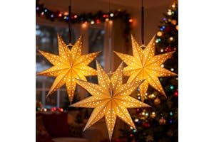 MAGICLULU 3D Christmas Star Lantern 3pcs White Hanging Paper Star Lantern Lampshade 3D Large Paper 9 Pointed for Xmas Wedding Holiday Hanging s （String lights not included）