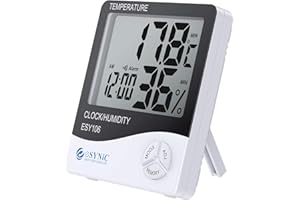 eSynic Thermo-Hygrometer Digital Innen Außen Thermometer LCD-Bildschirm Feuchtigkeit Raumtherometer Temperatur und Luftfeuchtigkeitmessgerät mit Uhr Alarm Kalender für Wohnzimmer Büro (1 Stück)