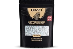 OKAEI aktivt kolfilter 7 mm – 250 stycken – smalt filter med aktivt kol av kokosskål – med keramiska lock – 26 mm lång