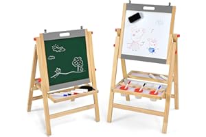 ‎COSTWAY COSTWAY 3 in 1 Kinder Staffelei aus Kieferholz doppelseitig, Whiteboard & Kreidetafel & Zeichenpapier höhenverstellbar/klappbar, Kindertafel mit Ablage und Zubehör (Grau)