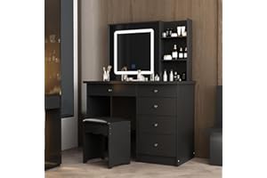 DEZAGCE Große Schminktisch mit LED Beleuchtung, Frisiertisch mit großem Spiegel, Schminktische mit Hocker, Frisiertisch, Kosmetiktisch mit 5 Schubladen und offene Regale, Schwarz, MDF, 50T x 100B x 135H cm