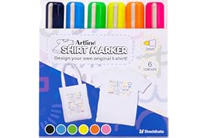 Artline Pack of 6 Fabric Markers for T-Shirts (Black, Light Blue, Yellow Green + Fluoro. Yellow, Orange & Pink). Fabric Pens Permanent for Clothes, Washable up to 60 °C - Genuine Clothes Pens