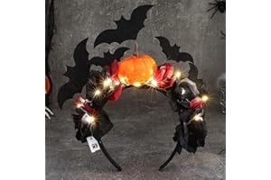 Vakkery Cerchietto luminoso con zucca di Halloween, con fiori a LED, decorazione a pipistrello nero, accessorio per capelli per donne e ragazze