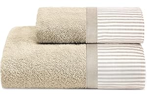 Lisola Set Asciugamani Bagno Viso e Bidet, in Spugna Morbida di Puro Cotone, con bordo rigato, 110x60 cm e 60x40 cm, Combinazione di Colori Alternati (Beach/Corda, Stretta)