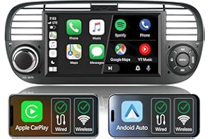 THIHPHOATLI Autoradio wireless carplay per Fiat 500 2007-2015,Schermo IPS da 7",Stereo Fiat 500 supporta Android auto e Mirrorlink,SWC originale,Bluetooth,Microfono,AM FM RDS,USB,DSP/Subwoofer,navigatore (nero)
