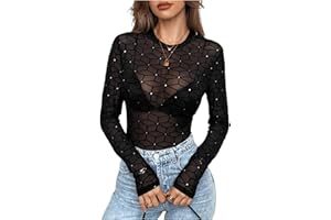 GORGLITTER Damen Body Y2K Durchsichtig Mesh Oberteil Bodysuit Langarm Party Netzshirt Club Bodys mit Strasse Festival Outfit