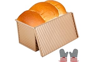 Windfromort Forma do pieczenia tostów, antyspazowa aluminiowa forma do pieczenia chleba złota – Pullman-Laib z pokrywką i 2 izolatorami rękawic, forma prostokątna do pieczenia tostów, chleba i wyrobów