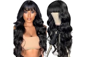 ALIPOP Perruque femme naturelle brésilienne ondulés avec frange 180% Density 2x4 inch lace wig human hair wig perruque courte bouclée bresilienne noire perruque cheveux humain 45cm(18inch)