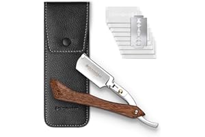 STÖRTEBEKKER SHAVING ACCESSORIES Rasoio con manico in legno, in custodia in pelle fatta a mano, con pennello & 10 lame Astra - Set di coltelli da barba - rasoi a umido di qualità premium (Legno - Nero)