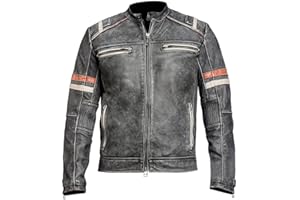 AKSAH FASHION Herren Café Racer Vintage Retro Motorrad Biker Distressed Lederjacke Schwarz
