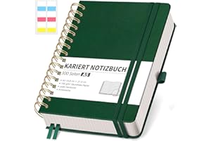 ‎RETTACY RETTACY Notizbuch A5 kariert, Bullet Journal mit 100 g/m² Dickem Papier, 150 Blatt, Collegeblock für Büro und Schule, Lederhülle, Dunkelgrün, 14.8 cm x 21 cm