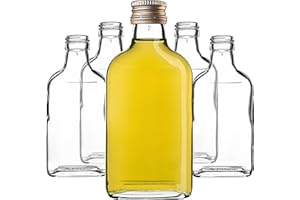 KADAX Botella plana 200ml, 5 piezas, pequeñas botellas de cristal con tapón de rosca, mini botellas, botellas vacías para rellenar, mini botellas de licor, botellas de aguardiente (Oro)