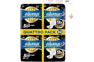 FANCY LABELS Sanitary Towels Quattro Pack with Always Ultra Secure Night Extra (Size 5) 32 Pads - Comfort, Protection, Thin and Discreet