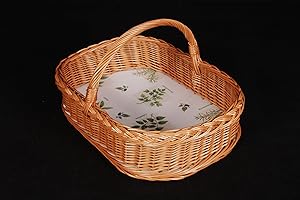 rattan-petrak Tablettkorb mit Bügelgriff, aus unbehandelter Weide, Stabiler Sperrholzboden mit hochwertiger Wachstuchfolie (Kräuter)