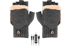 Augot USB Heated Gloves, Convertible Fingerless Gloves for Women Men Knitted Fingerless Mittens Washable Thermal Winter Gloves with 3 Adjustable Temperatures…