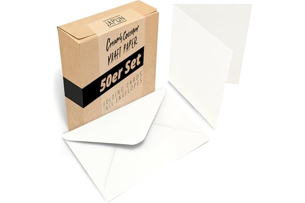 Japun - Ensemble de 50 cartes pliantes vierges comprenant des enveloppes, des cartes pliées en papier pour concevoir, étiqueter ou imprimer - DIN A6 / C6 - blanc