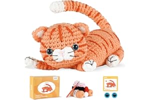 IPTEK Crochet Kit for Beginners, Learn to Crochet, Include Easy Knitting Soft Yarn, Step-by-Step Video Tutorial, Hook, Holiday Birthday Gift for Adults and Kids(1 Pack Orange cat)