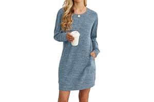 PrinStory Damen Pullover Kleid Freizeitkleider Rundhalsausschnitt Sweatkleid Mit Seitentaschen