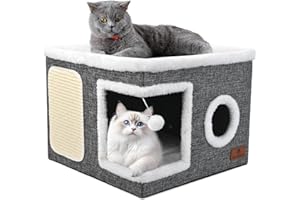 PETTDATE Cat House for Indoor Cats, Large Cat Cave Bed with Scratch Pad and Fluffy Ball, Foldable Cat Hideaway, Cat Bed with Reversible Cushion for Multi Small Pet 41D x 41W x 32H cm, Grey