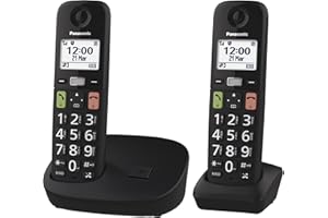 Panasonic KX-TGU112EXB Bezprzewodowy telefon cyfrowy z automatyczną sekretarką, jednostką podstawową i 2 słuchawkami, wyświetlaczem LCD, dużymi klawiszami, ulubionymi połączeniami, kompatybilny z