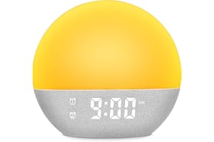 Ainiv Despertador Luz Amanecer, Duales Alarmas con 9 Minutos Repetición, Sunrise Alarm Clock 25 Sonidos para Dormir y Radio FM, 10+8 Colores Ajustables Puerto USB Despertador Sonidos Naturaleza