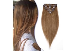 Elailite Extensiones de Clip de Pelo Natural Cabello Humano Liso 8 Piezas 100% Remy Largas Quickclip 40cm (90g) #06 Castaño Claro