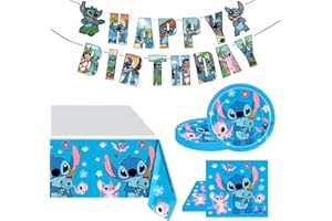 POPOYU 46Pcs Stitch Birthday Party Tableware Set, Stitch Party Tableware, Tablecloth,9inch Paper Plates, Napkins, Happy Birthday Banner for Kids Birthday Party Decoration Lilo Stitch Party Supplies