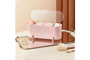 YIPUETERNITY Makeup Pads Container, Plastic Cotton Pad Holder with Lid, 3 Compartments Qtip Storage Box Dispenser For Swab, Pads Swabs Beauty Makeup Sponge Eggs Dressing Table Bathroom Vanity (Pink)