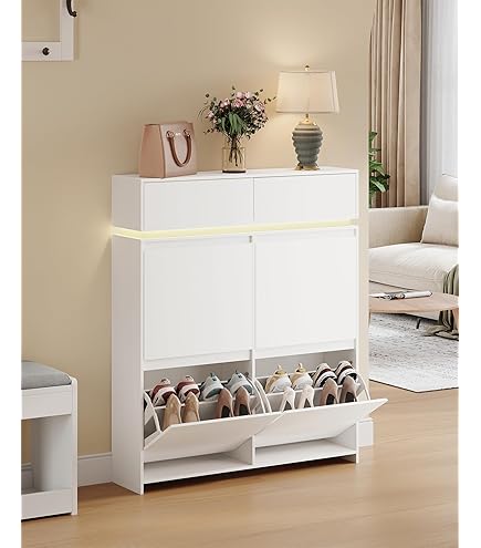 UEV Schoenenkast Met 4 Kleppen, Schoenenkast Met Lijnpatroon Schoenenrek Met Anti Kantelfunctie Voor Hal Entree Woonkamer 100 X 24 X 91 Cm Kasjmier 0716597090903